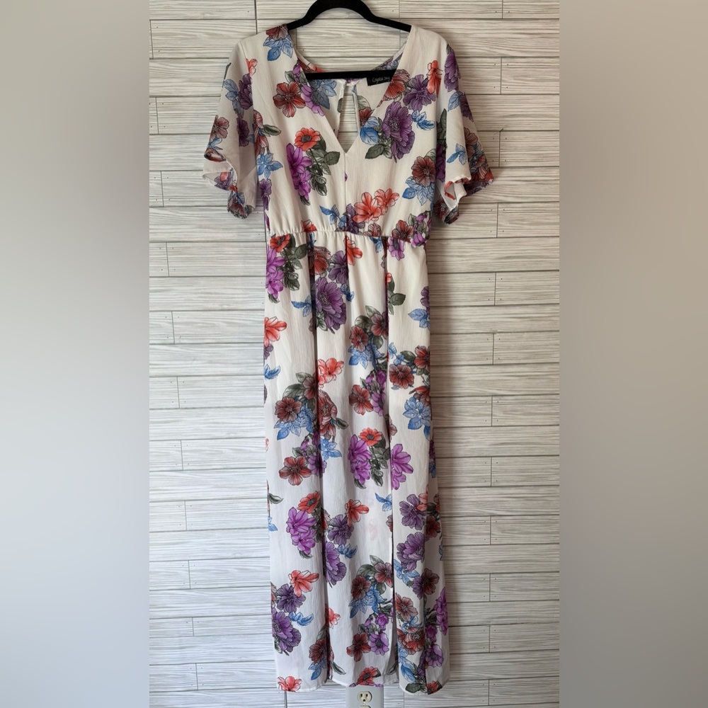 Crystal Sky Purple and White Flutter Sleeve Maxi Sundress